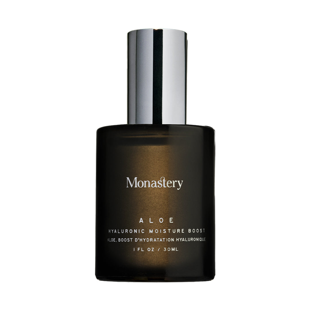 Monastery | Aloe Hyaluronic Moisture Boost 30 ML | Product Image - dark amber frosted glass bottle with a silver pump cap on white background