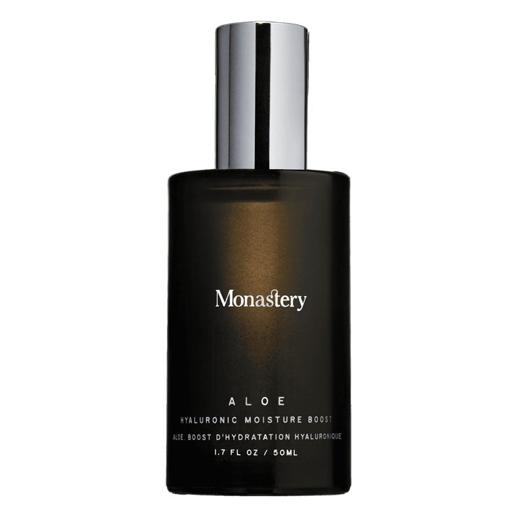 Monastery | Aloe Hyaluronic Moisture Boost 50 ML | Product Image - dark amber frosted glass bottle with a silver pump cap on white background
