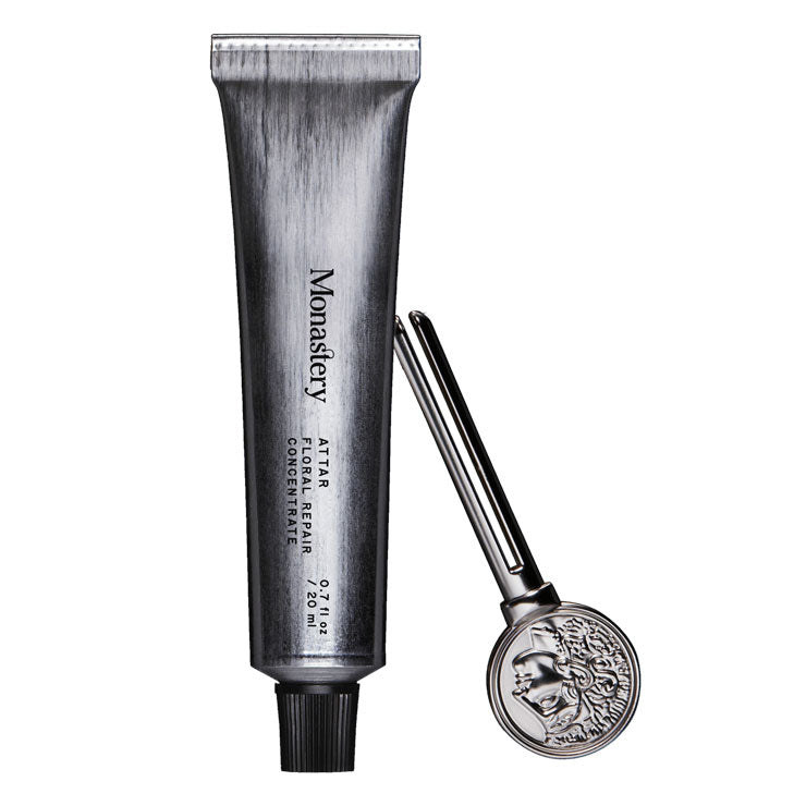 Monastery | Attar Floral Repair Concentrate | Silver tube with tube keys on white background