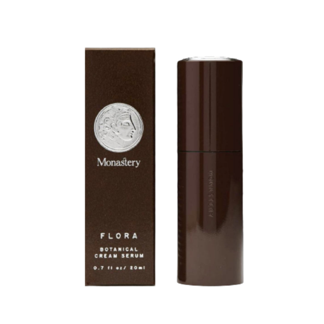 Monastery | Flora Botanical Cream Serum 20 mL | Product with Box Image - dark brown cylindrical bottle with matching product box on a white background