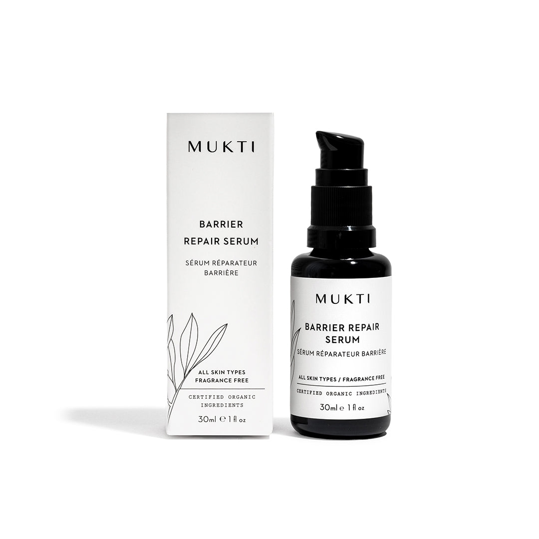 Mukti Organics | Barrier Repair Serum | Packaging Image - black pump bottle with matching white product box on a white background