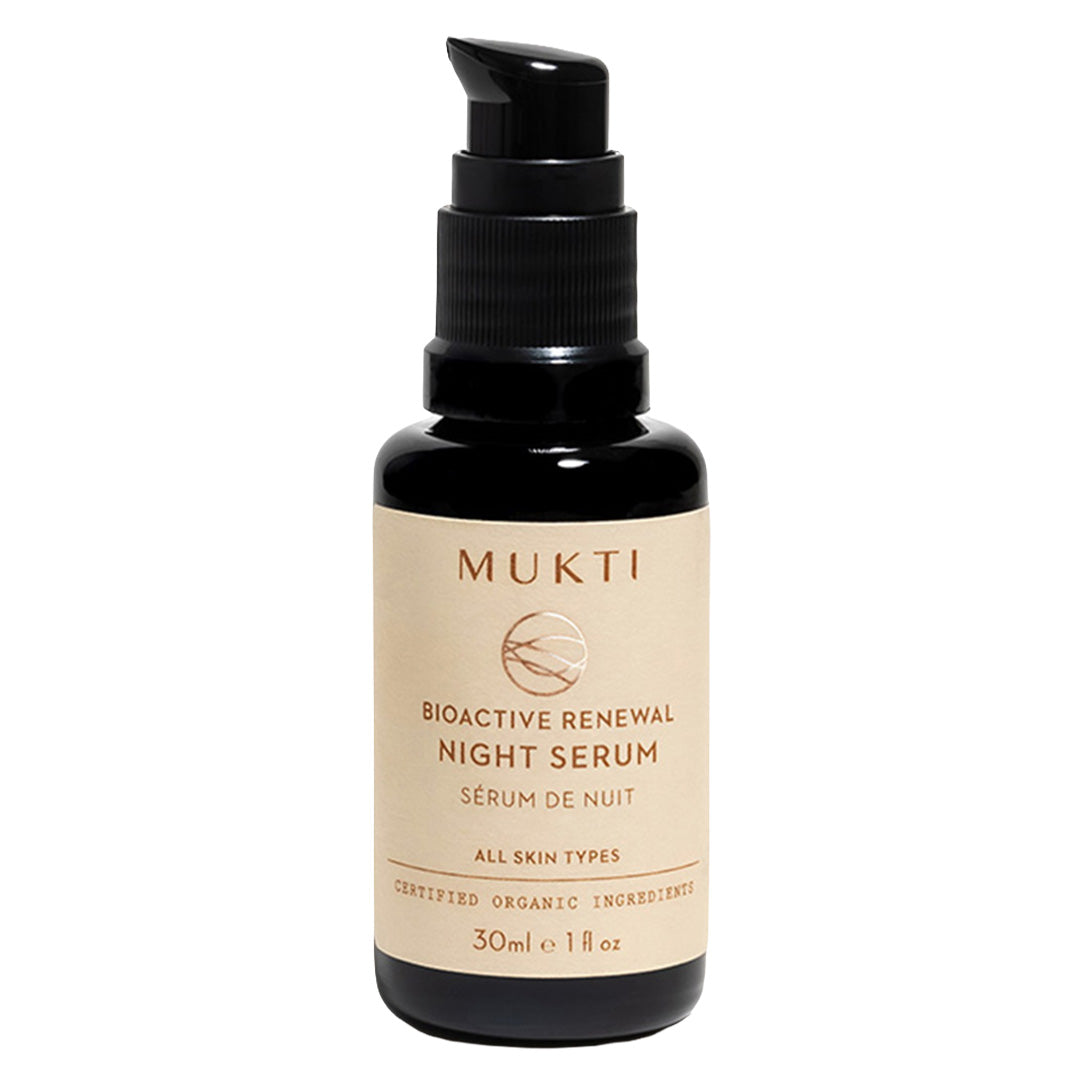Mukti Organics | Bioactive Renewal Night Serum | Product Image - glossy black bottle with a beige label on a white background