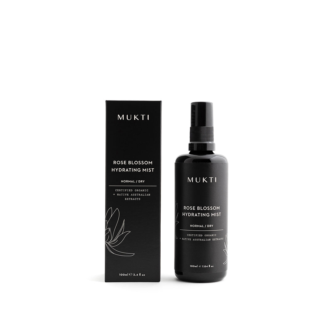 Mukti Organics | Rose Blossom Hydrating Mist | Packaging Image - spray bottle with matching black product box on a white background
