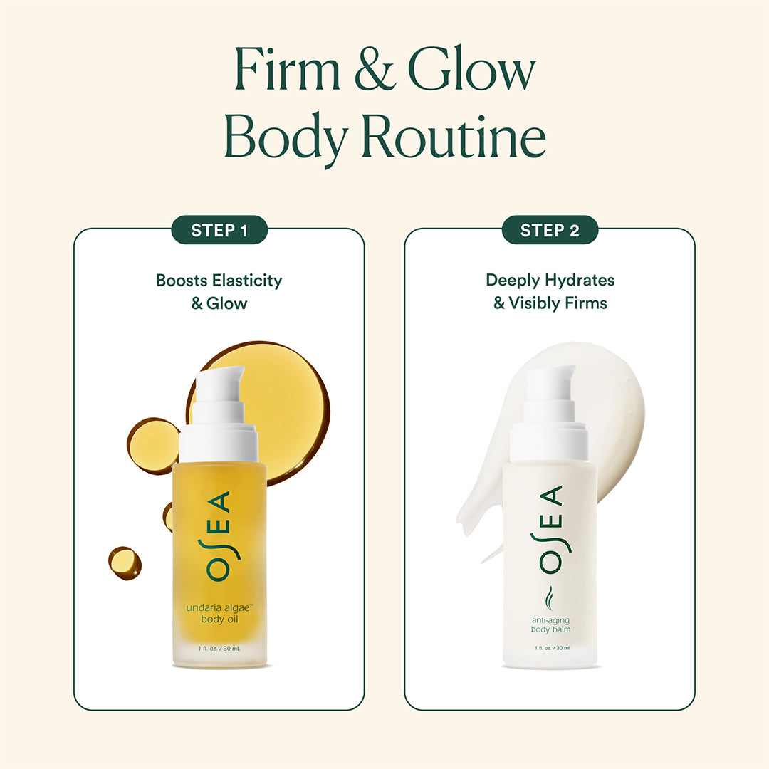 OSEA | Golden Glow Body Duo | Firm and Glow Routine Image - two-step body routine featuring golden body oil and creamy body balm with texture swatches