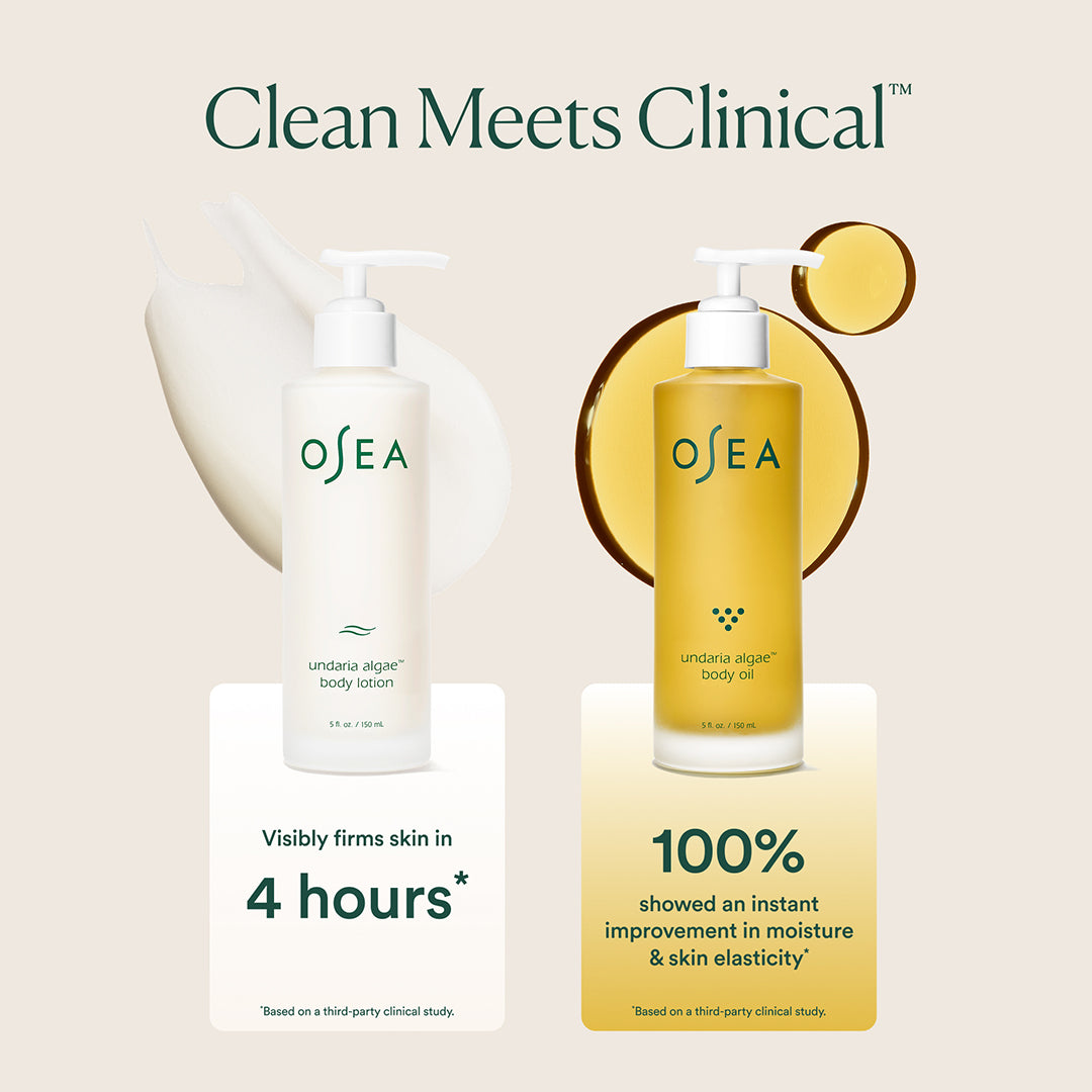 OSEA | Undaria Body Bestsellers | Clinical Benefits Image - Undaria Algae Body Lotion and Body Oil with clinical benefit callouts