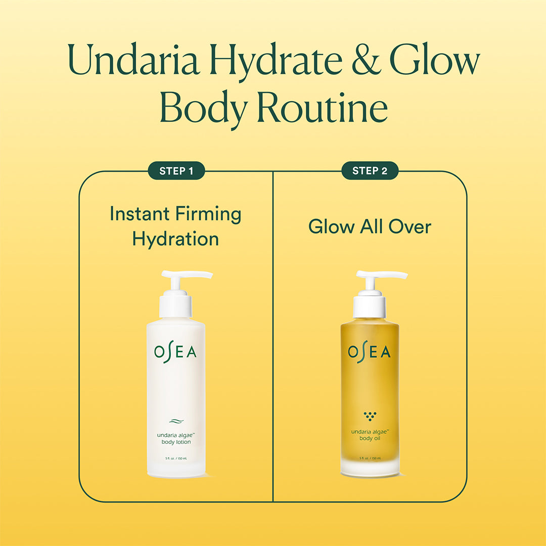 OSEA | Undaria Body Bestsellers | Two-Step Body Routine Image - body lotion and body oil shown as a two-step hydration and glow routine