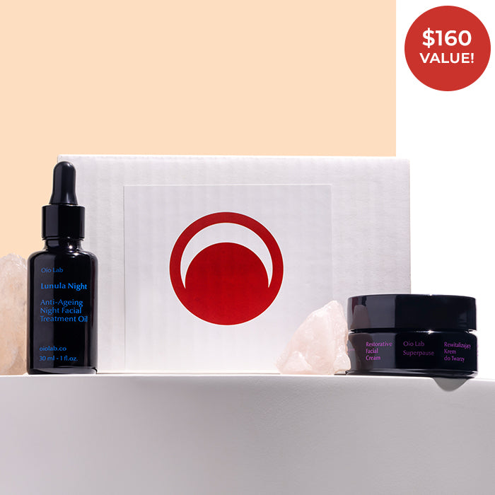 Oio Lab | September Discovery Box | Product Image - Lunula Night Facial Treatment Oil and Superpause Facial Cream discovery set with gift box and crystals