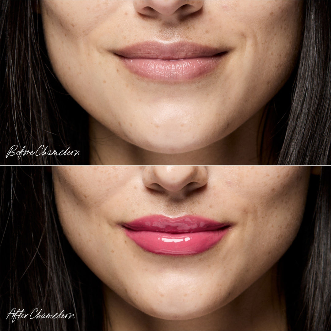 RMS Beauty | Chameleon Lip Oil | Before and After Lips Product Image - before and after lip comparison showing natural lips and glossy pink finish