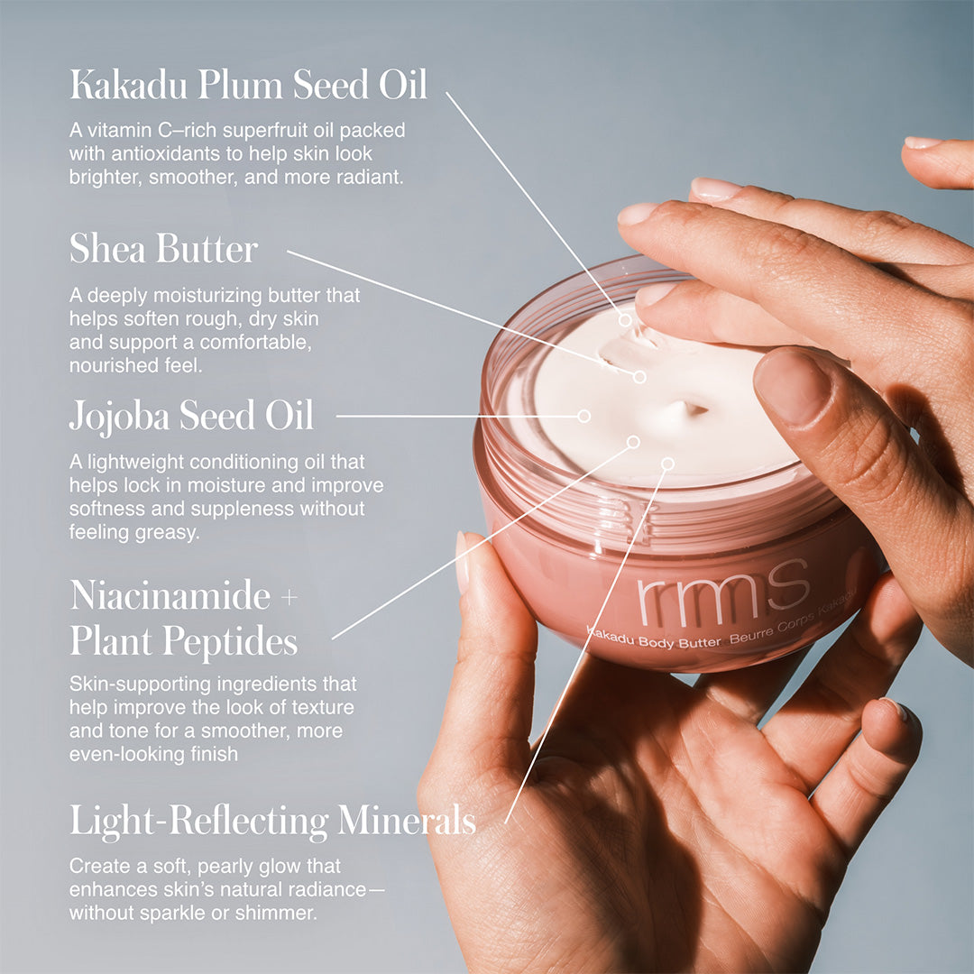 RMS Beauty | Kakadu Body Butter | Ingredient Highlights Image - Hands holding jar with callouts highlighting Kakadu plum seed oil, shea butter, jojoba seed oil, niacinamide with plant peptides, and light-reflecting minerals