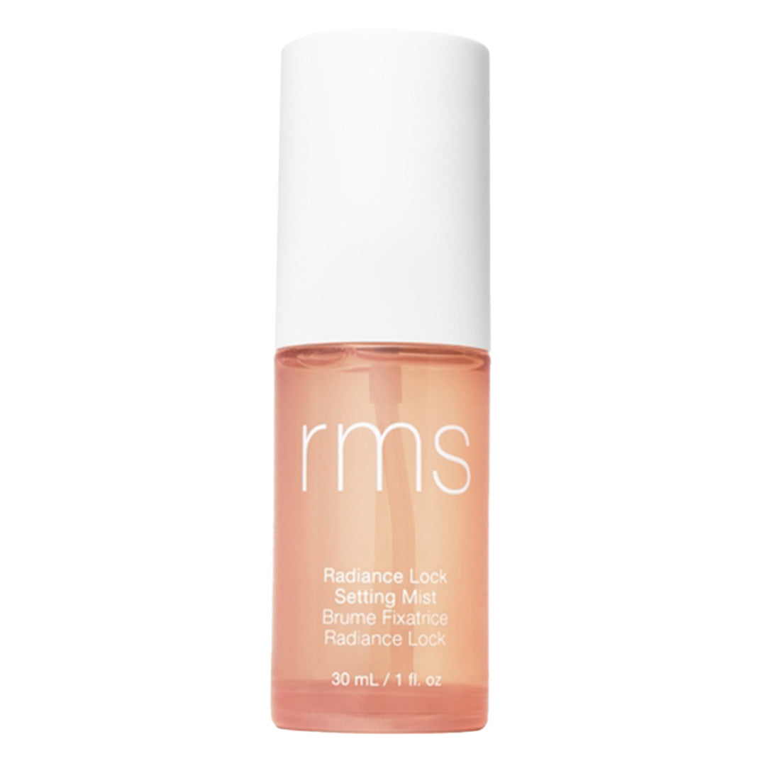 RMS Beauty | Radiance Lock Setting Mist 30 ml | Product Image - clear peach bottle with a white cap on a white background