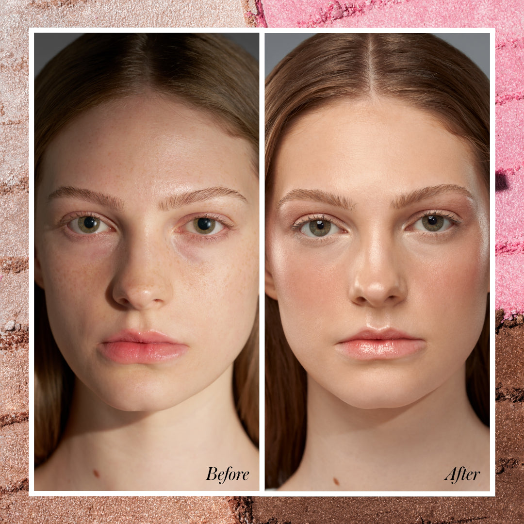 RMS Beauty | ReDimension Daily Glow Palette | Before and After Model Image2 - before and after makeup look on a light-skinned model