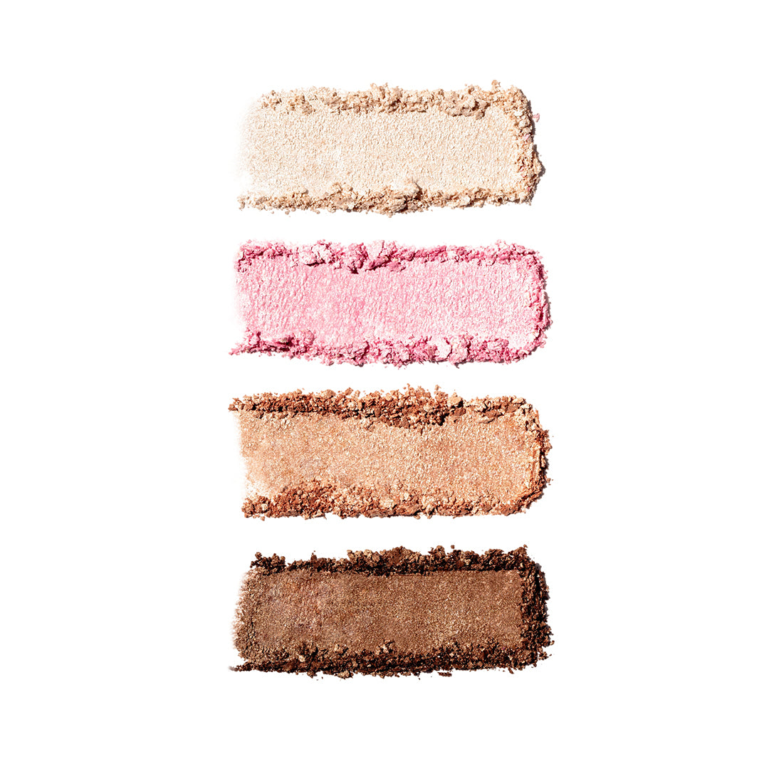 RMS Beauty | ReDimension Daily Glow Palette | Swatches Image - powder swatches in pearl, pink, champagne, and bronze on a white background