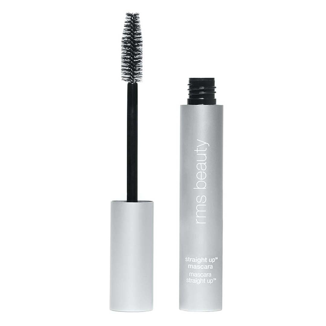 RMS Beauty | Straight Up Volumizing Peptide Mascara | Product Image - mascara in a silver tube shown open beside its black bristle mascara wand on a white background