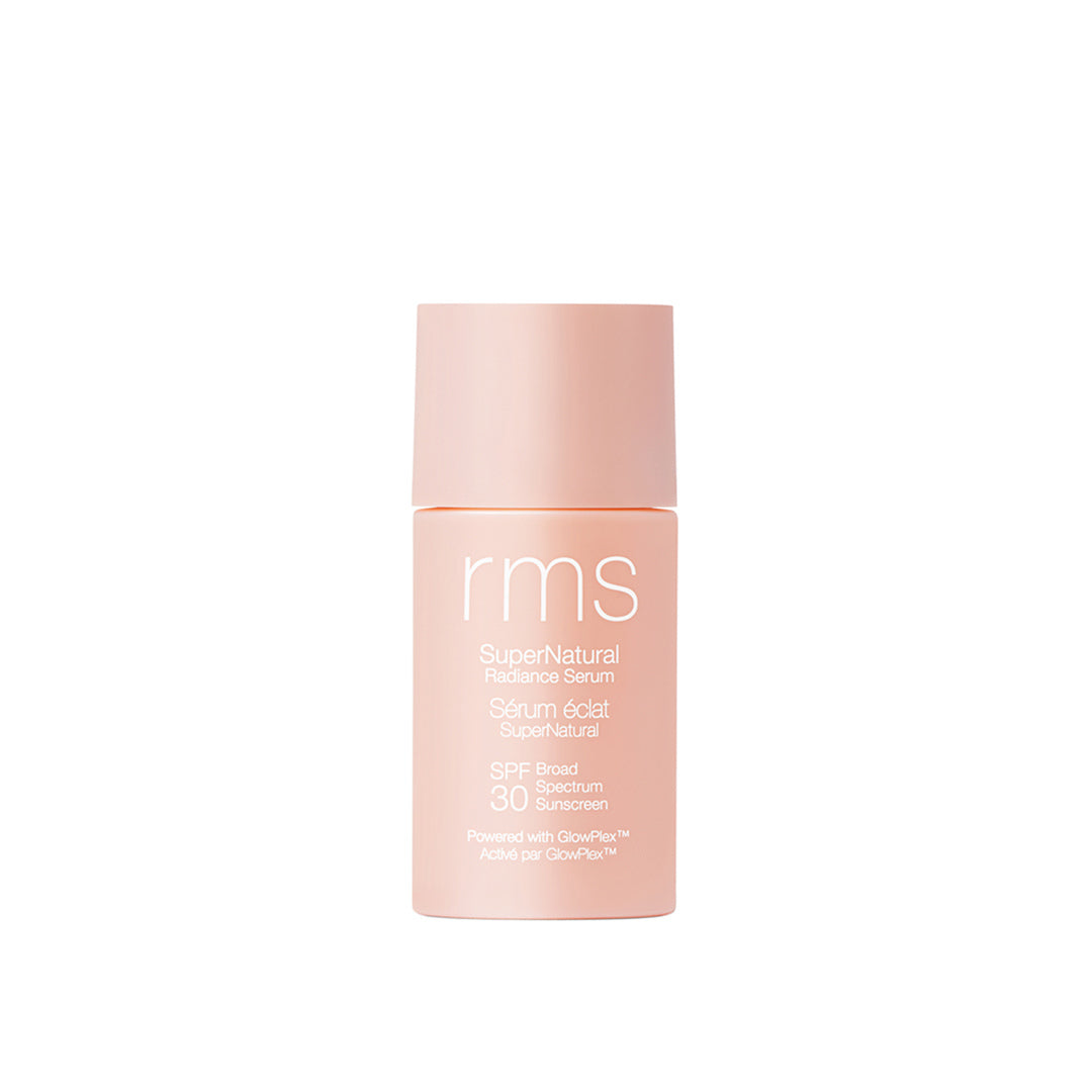 RMS Beauty | SuperNatural Radiance Serum Broad Spectrum SPF 30 Sunscreen | Light Aura Shade Product Image - soft peach bottle on a white background