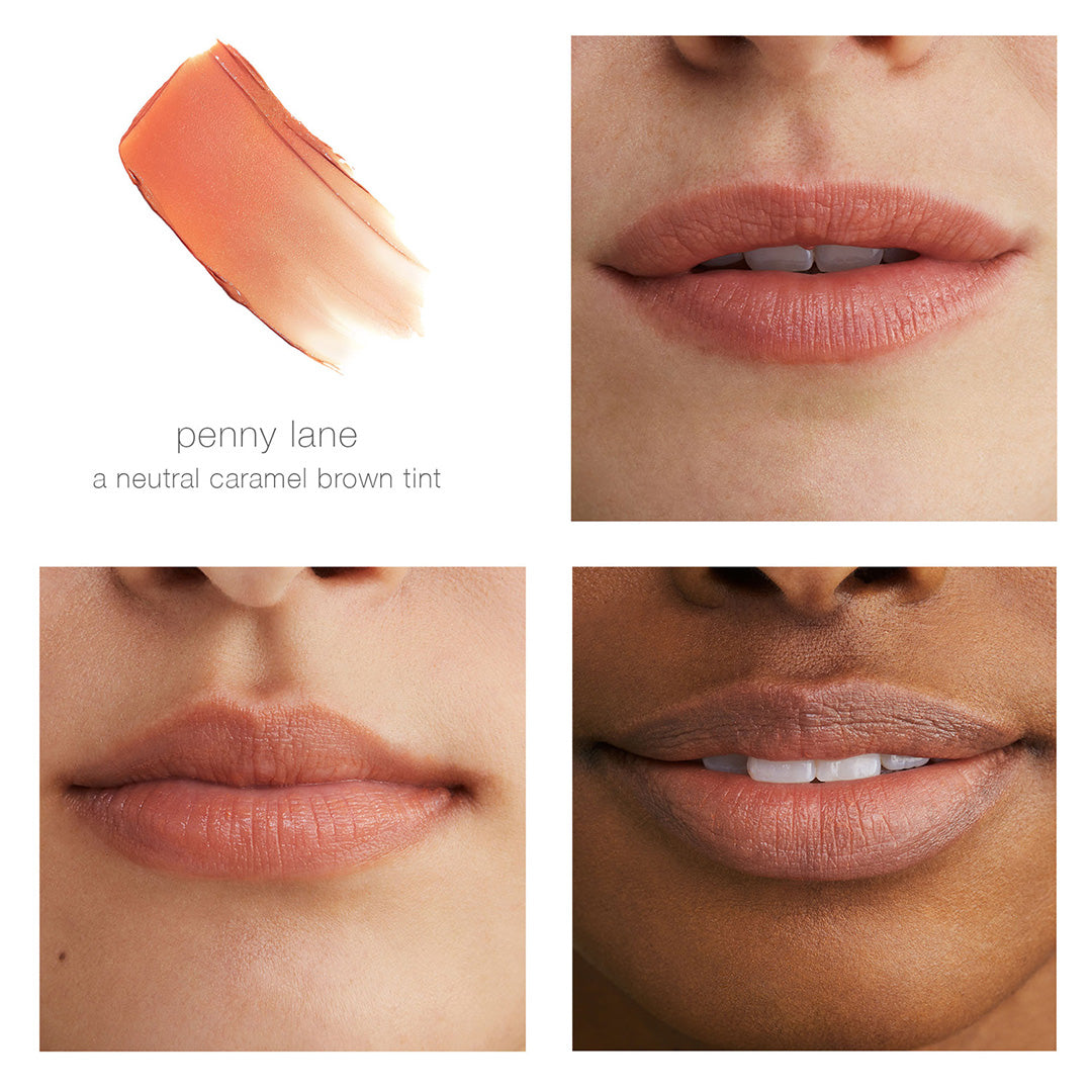 RMS Beauty | Tinted Daily Lip Balm | Penny Lane Shade Comparison Image - lip swatch and shade shown on light and deep skin tones