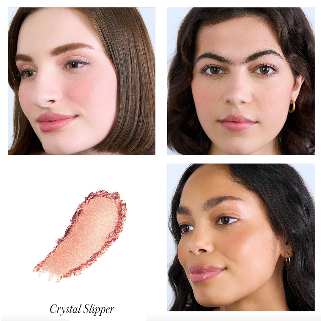 RMS | ReDimension Hydra Powder Blush - Crystal Slipper | Model Images - three models with a soft peach-pink blush swatch