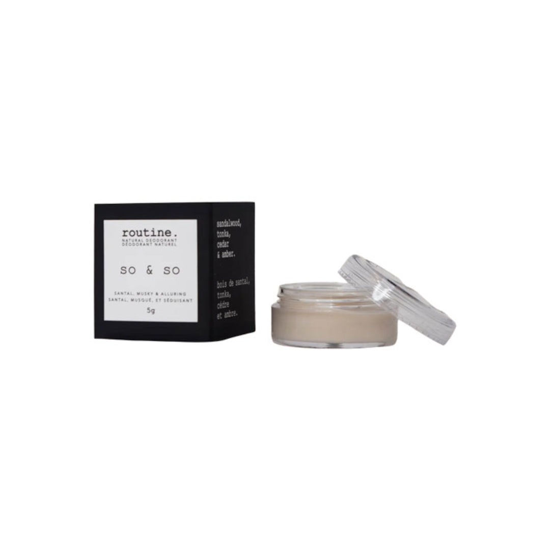 ROUTINE | Deodorant Jar Mini - So & So Scent | Product Image - mini jar with open lid beside branded box packaging on a white background