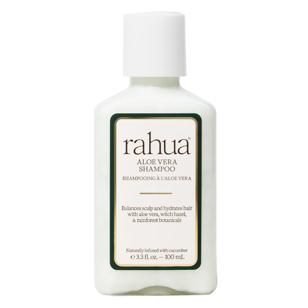 Rahua | Aloe Vera Shampoo 100 ml | Product Image - travel bottle with green and cream label on a white background