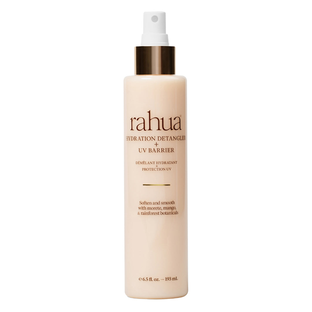 Rahua | Hydration Detangler + UV Barrier | Product Image - spray bottle with a white mist pump and metallic gold collar, displayed against a white background