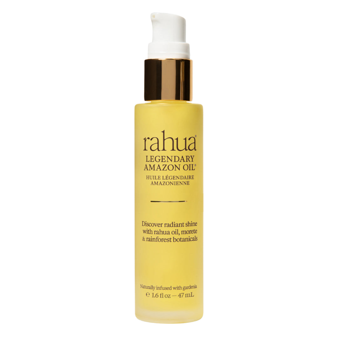 Rahua | Legendary Amazon Oil | Product Image - frosted yellow bottle with a white pump and metallic gold collar, displayed against a white background