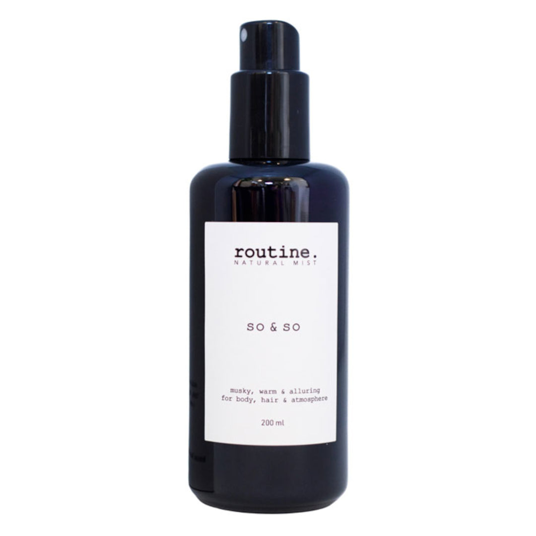 Routine | Body, Hair & Atmosphere Mist - So & So | Product Image - black glass packaging with white label shown on a white background