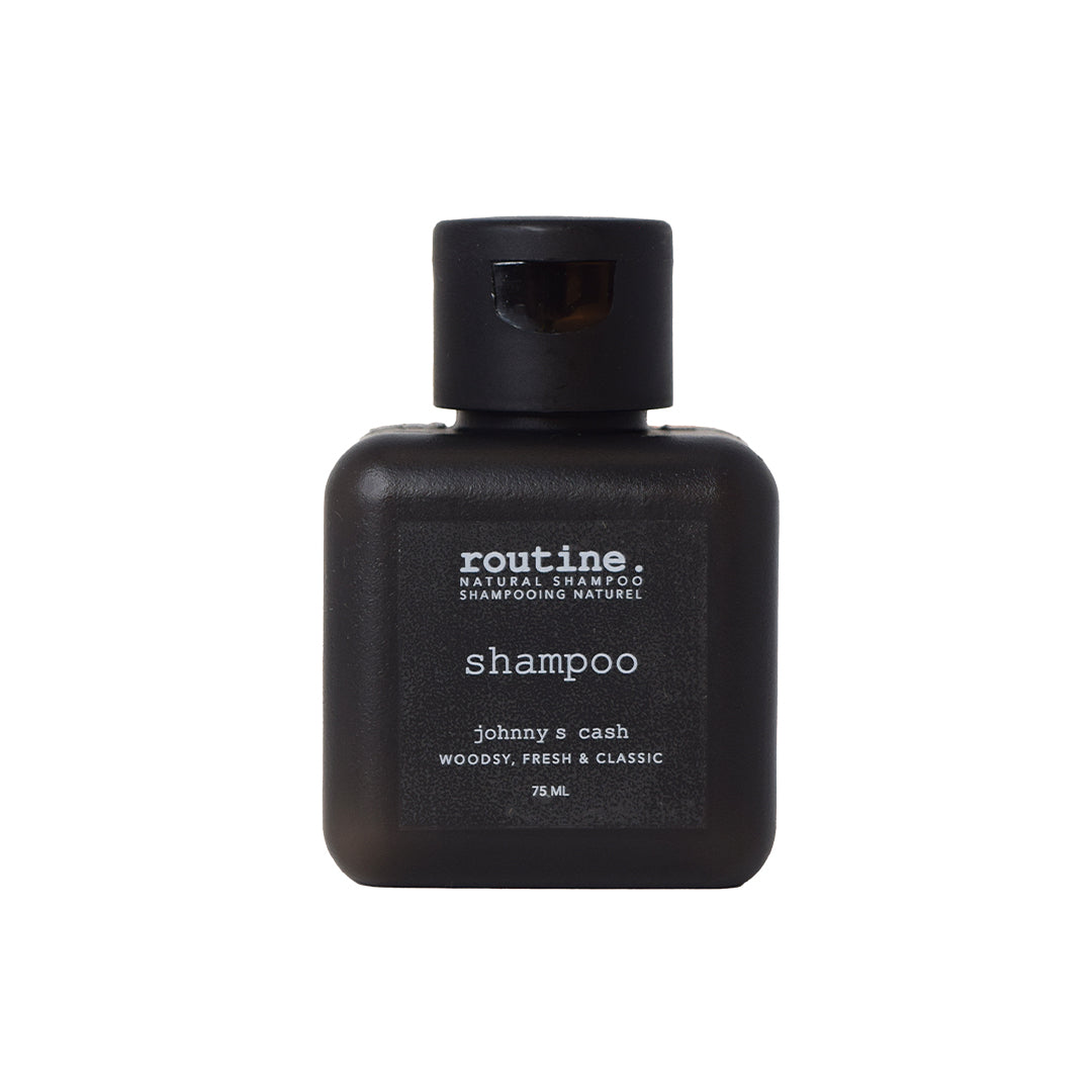 Routine | Shampoo - Johnny's Cash | Travel Mini Product Image - mini black bottle shown on a white background