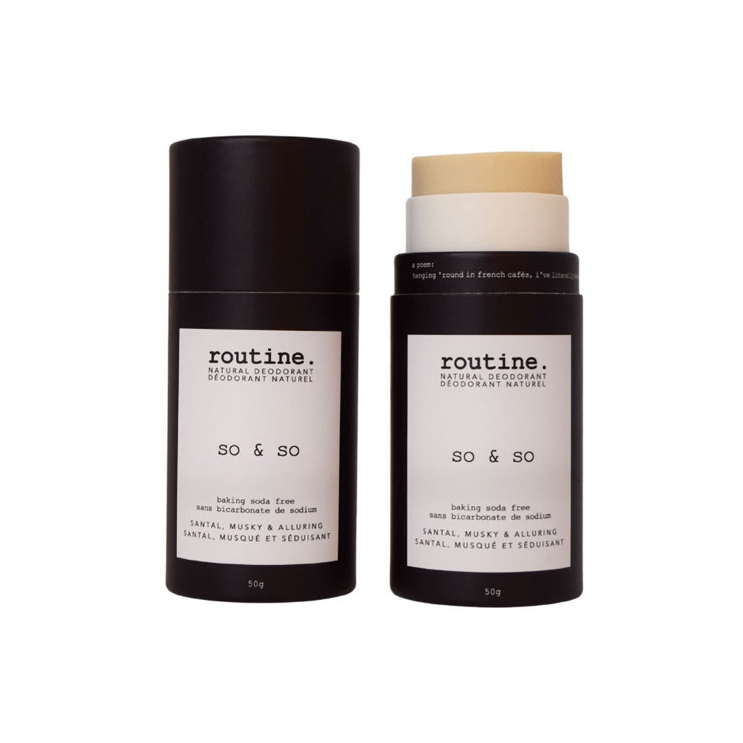 Routine | So & So BSF Deodorant Stick | Product Image - with cap on and open applicator showing product on a white background