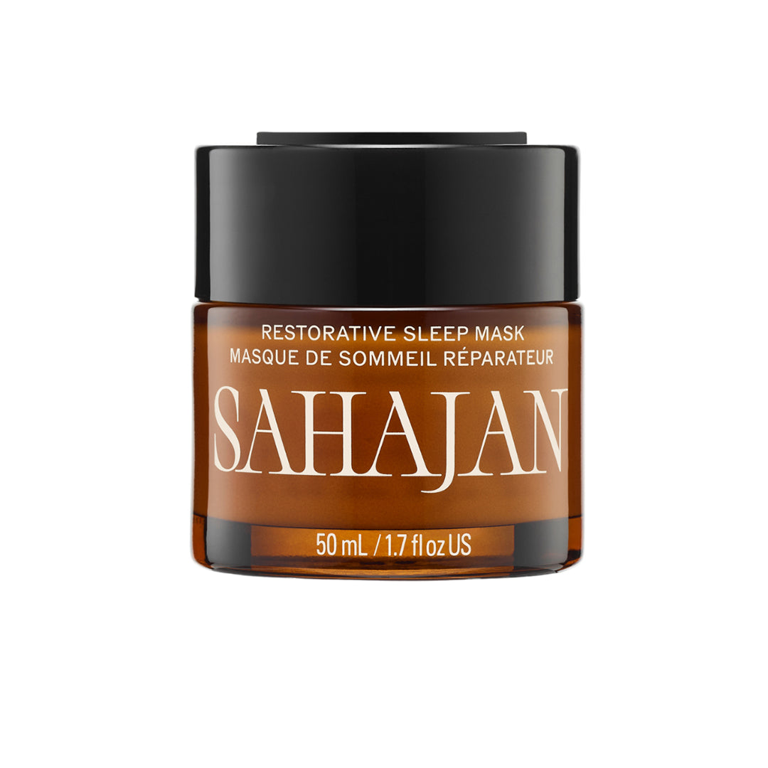Sahajan | Restorative Sleep Mask | Product Image - amber glass jar with a black lid, shown against a white background