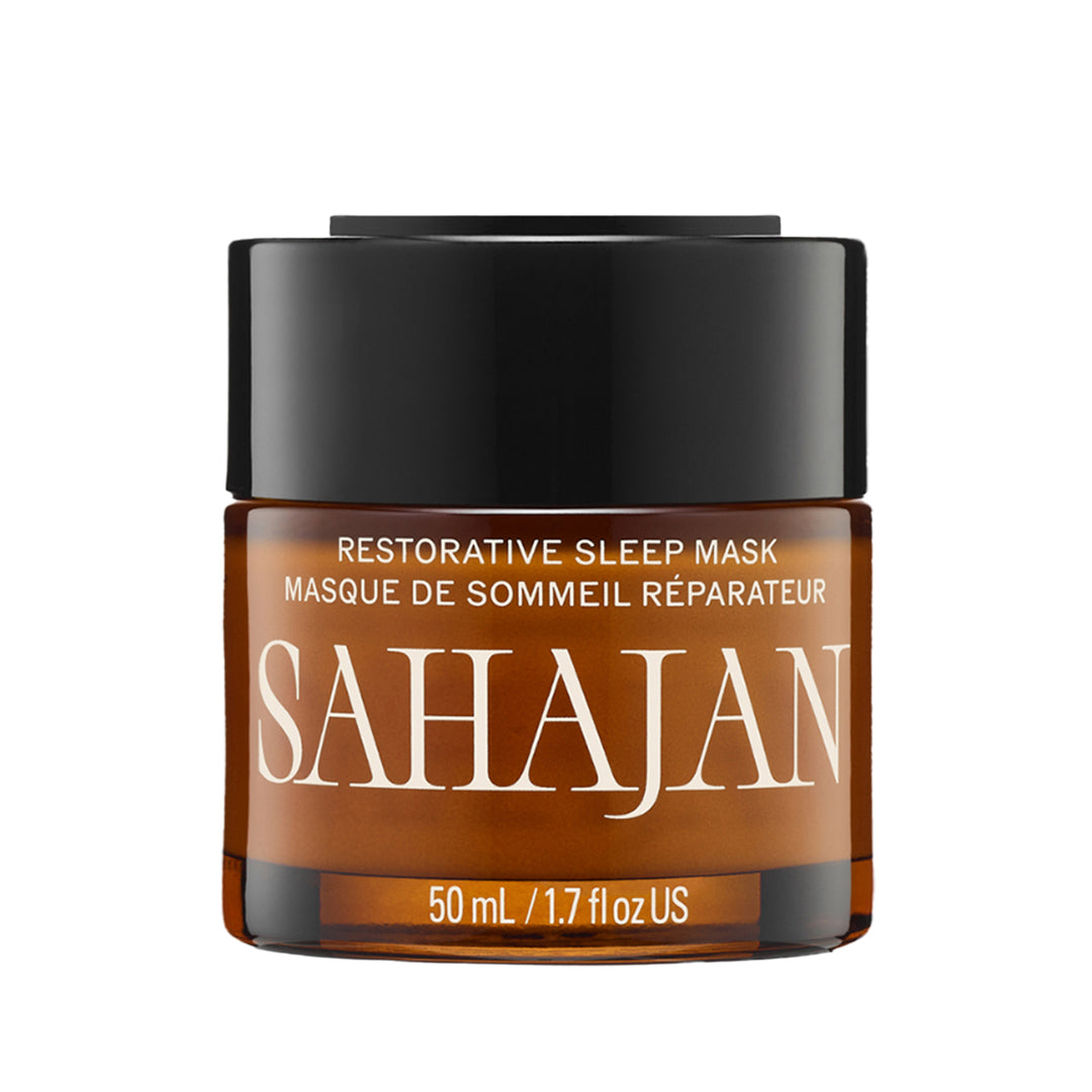 Sahajan | Restorative Sleep Mask | Product Image - amber glass jar with a black lid, shown against a white background