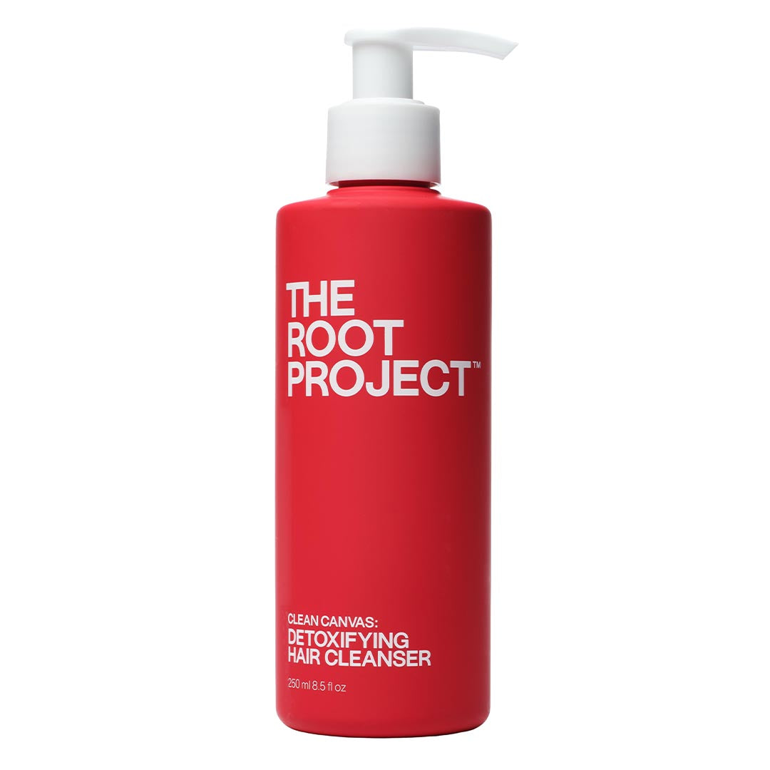 The Root Project | Clean Canvas Detoxifying Hair Cleanser | Product Image - red bottle with a white pump on a white background
