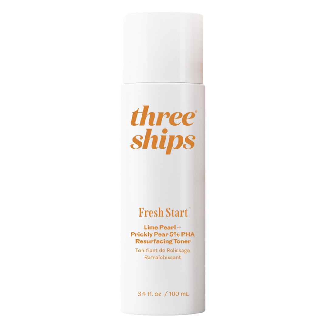 Three Ships | Fresh Start Lime Pearl + Prickly Pear 5% PHA Resurfacing Toner | Product Image - white toner bottle on a white background