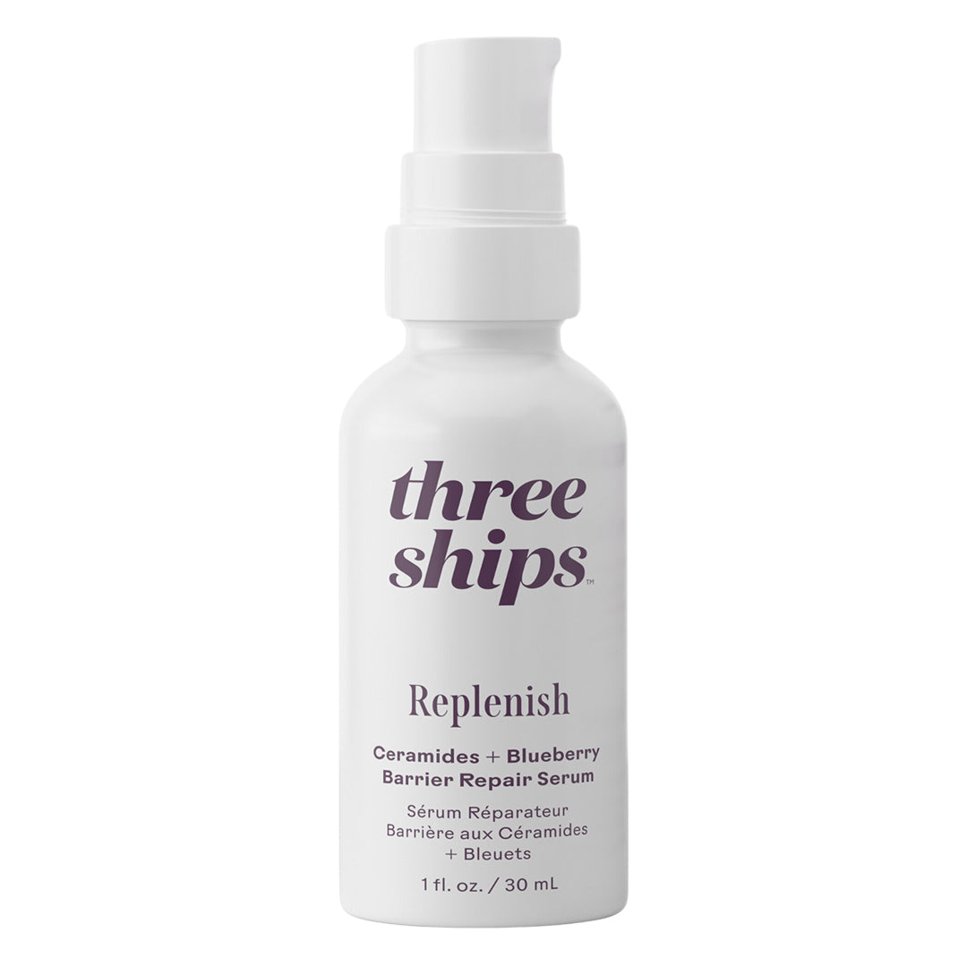 Three Ships | Replenish Barrier Serum | Product Image - serum white bottle on a white background