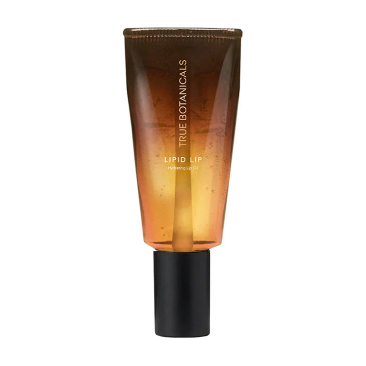 True Botanicals | Lipid Lip Hydrating Lip Oil | Isolated on white primary image, gold and brown tube with black cap on white background