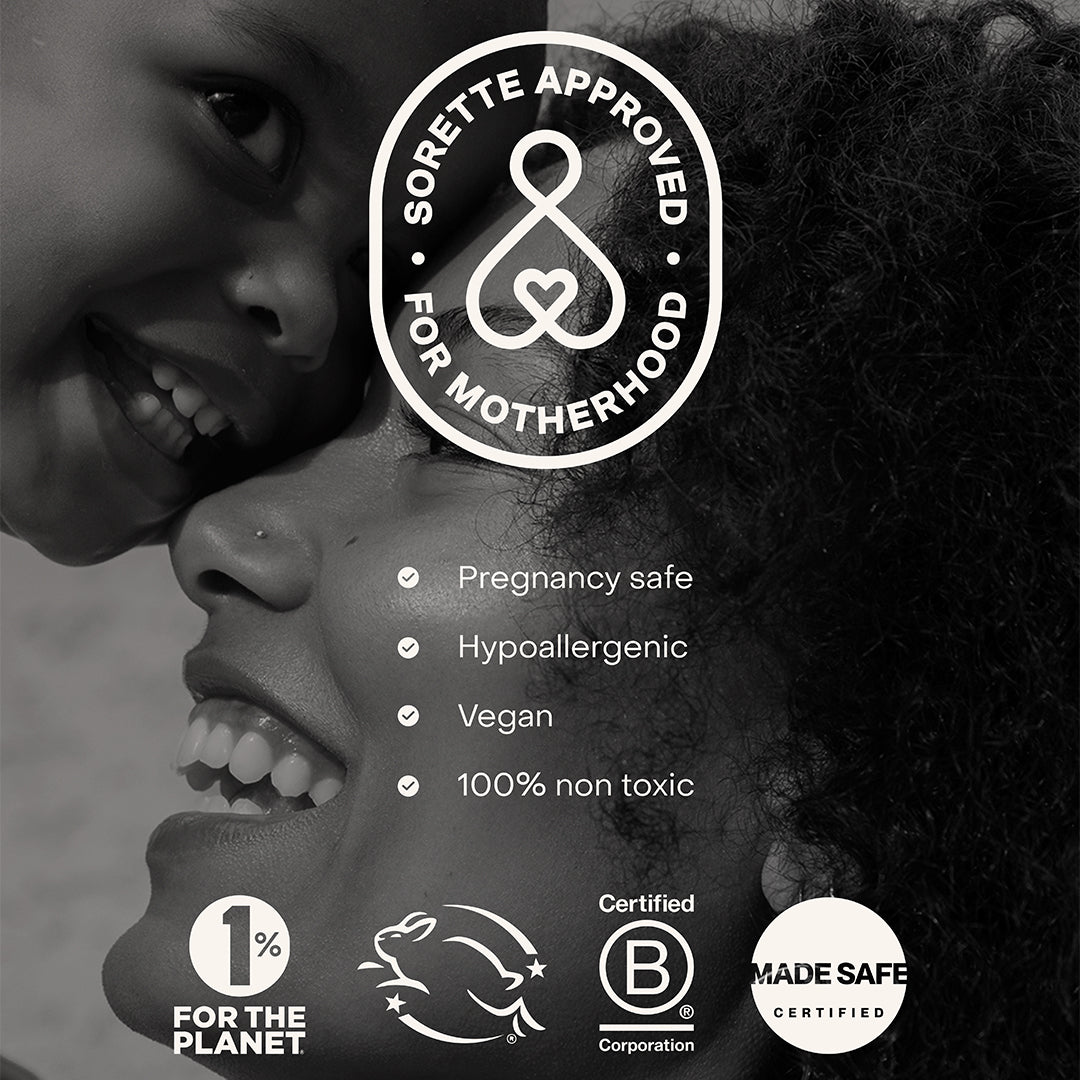 True Botanicals | Mindful Mama Belly & Body Oil | Sorette Approved Image - oil certifications including pregnancy safe, hypoallergenic, vegan, non-toxic, B Corp, and MADE SAFE