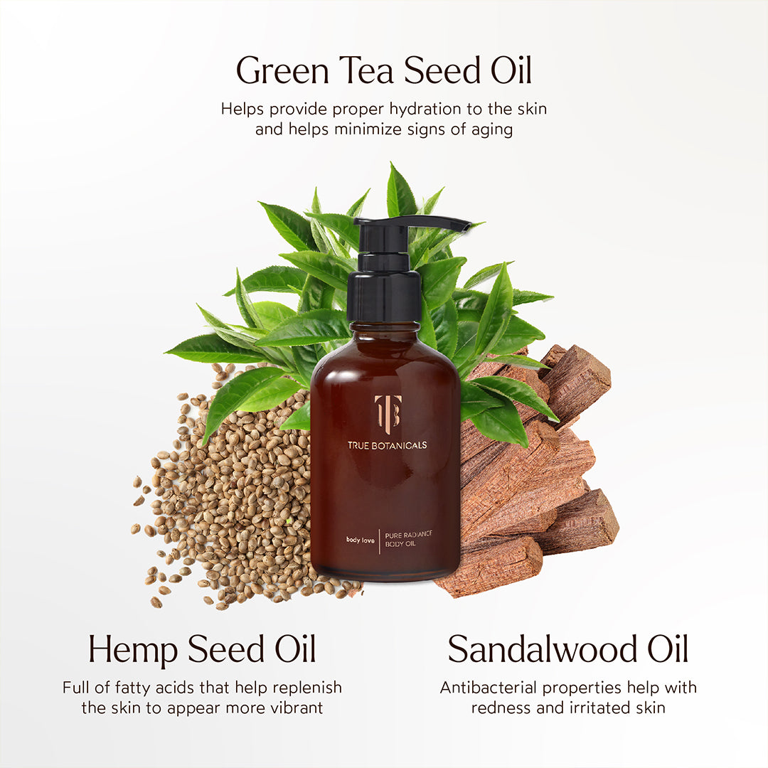 True Botanicals | Pure Radiance Body Oil | Key Ingredients - bottle with green tea leaves, hemp seeds, and sandalwood pieces highlighting key ingredients and benefits