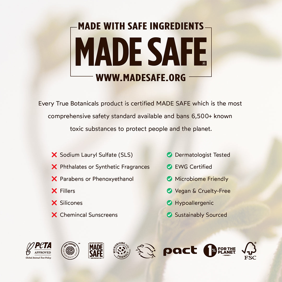 True Botanicals | Pure Radiance Body Oil | Made Safe Certification Image - graphic outlining product standards, and safety features