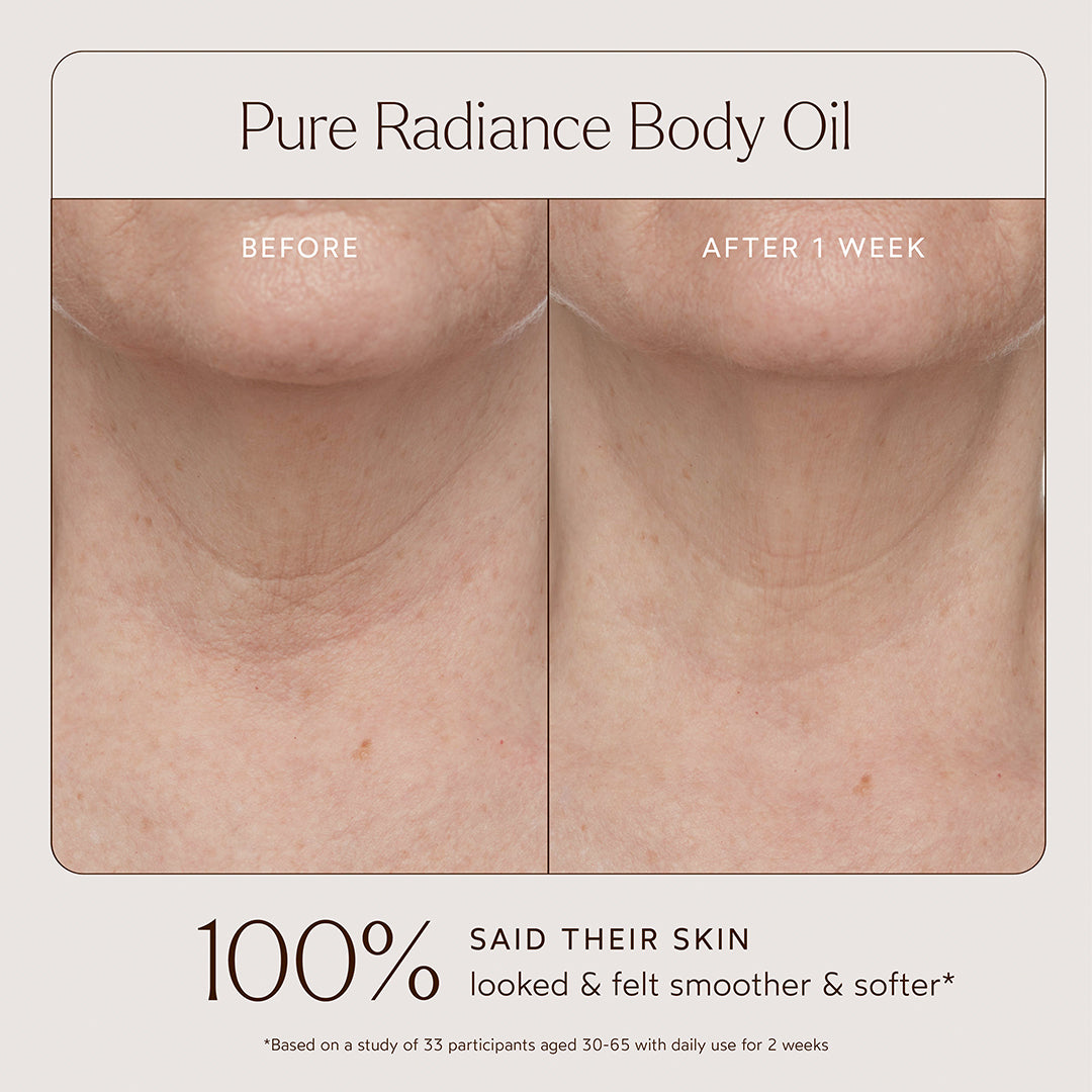 True Botanicals | Pure Radiance Body Oil | Neck Before-and-after Comparison Image - comparison of neck skin showing a smoother appearance after one week