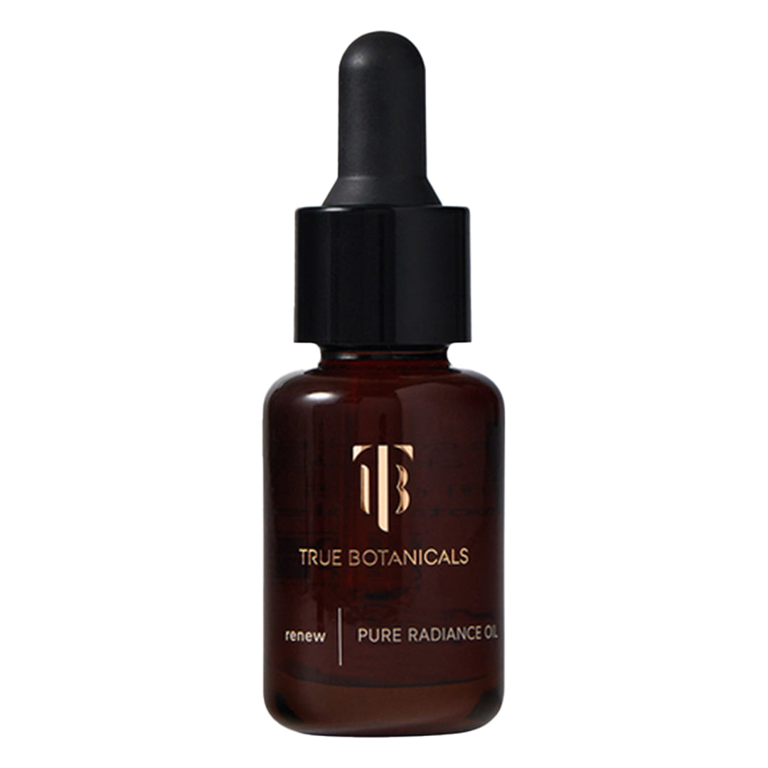 True Botanicals | Renew Pure Radiance Oil 15 ml | Product Image - amber glass bottle with a black dropper on a white background