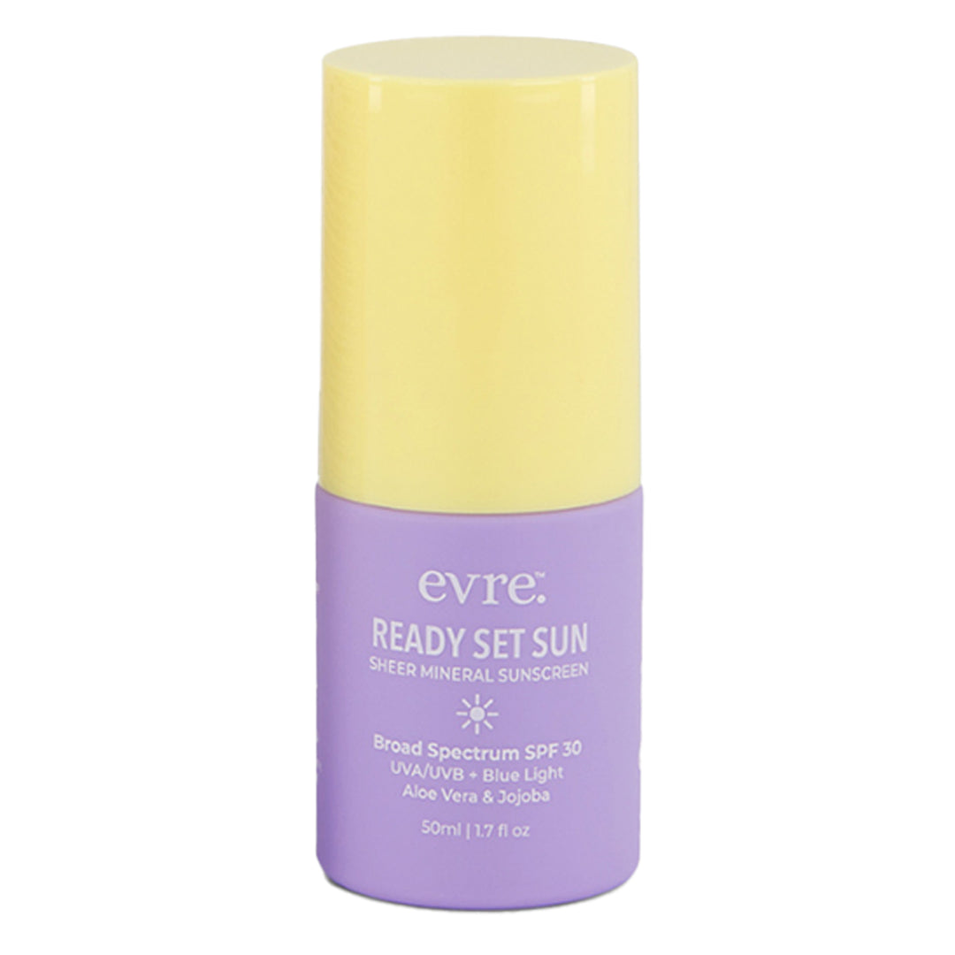evre. | Ready Set Sun Sheer Mineral Sunscreen | Product Image - lavender bottle with a pastel yellow cap on a white background