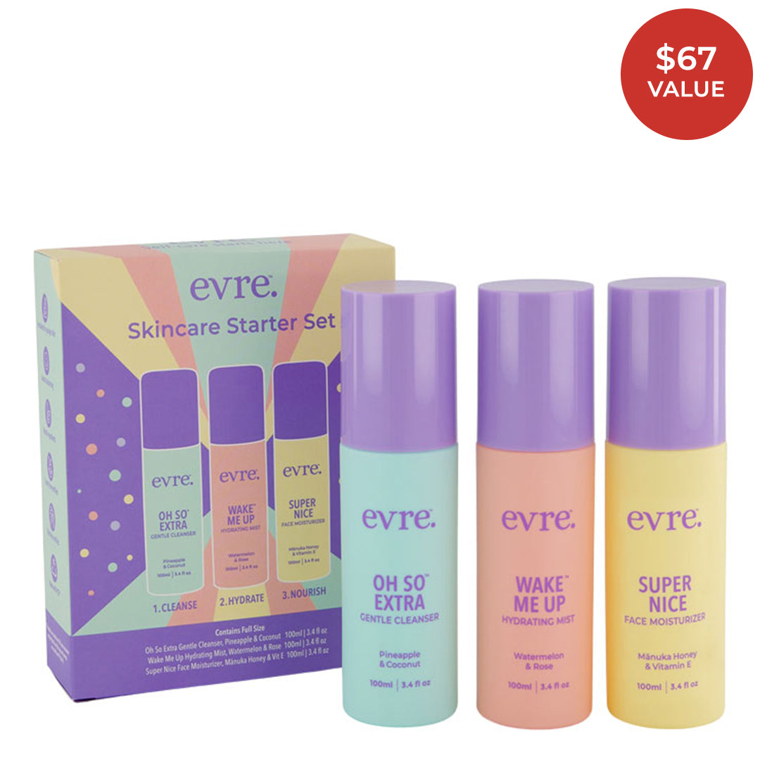 evre. | Skincare Starter Set | Product Image with Red Sticker - three pastel-colored skincare bottles featuring a cleanser, hydrating mist, and face moisturizer alongside their colorful packaging on a white background, with a $67 value badge