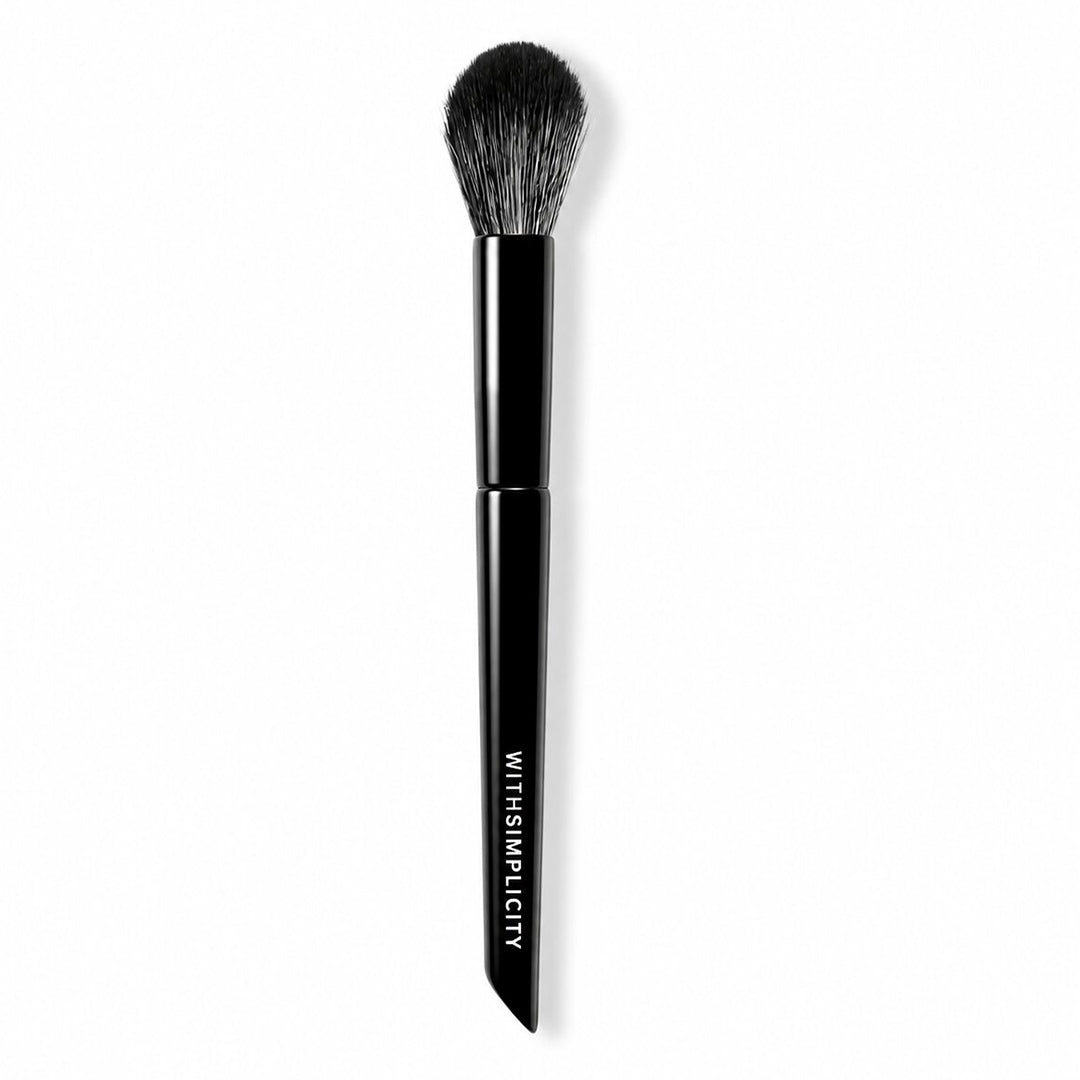 withSimplicity | Highlighter Brush | Product Image - highlighter brush with fluffy black bristles and handle on a white background