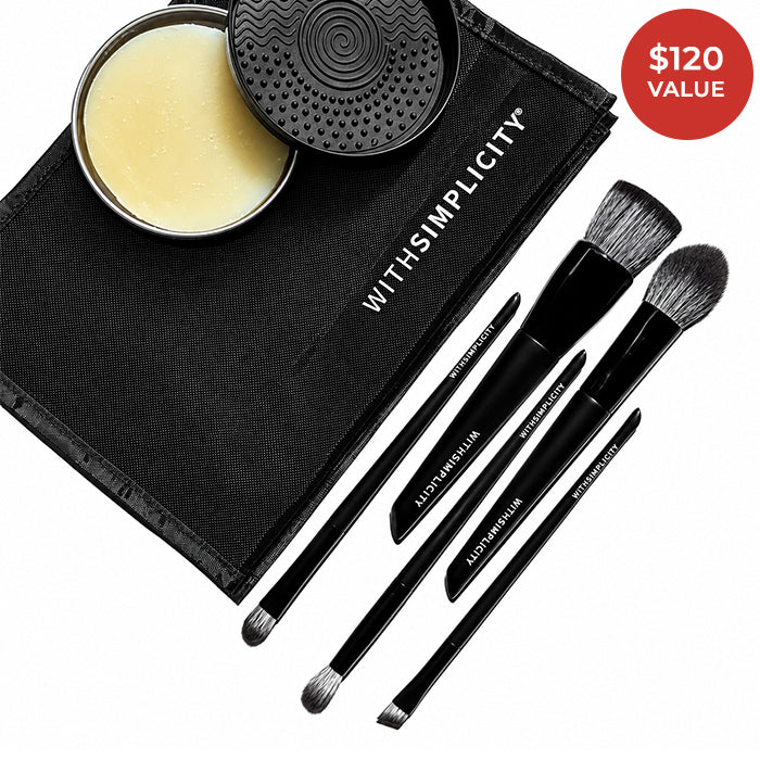 withSimplicity | Vegan Brush Essentials Kit| Product Image - makeup brush set with cleansing balm and black pouch on a white background