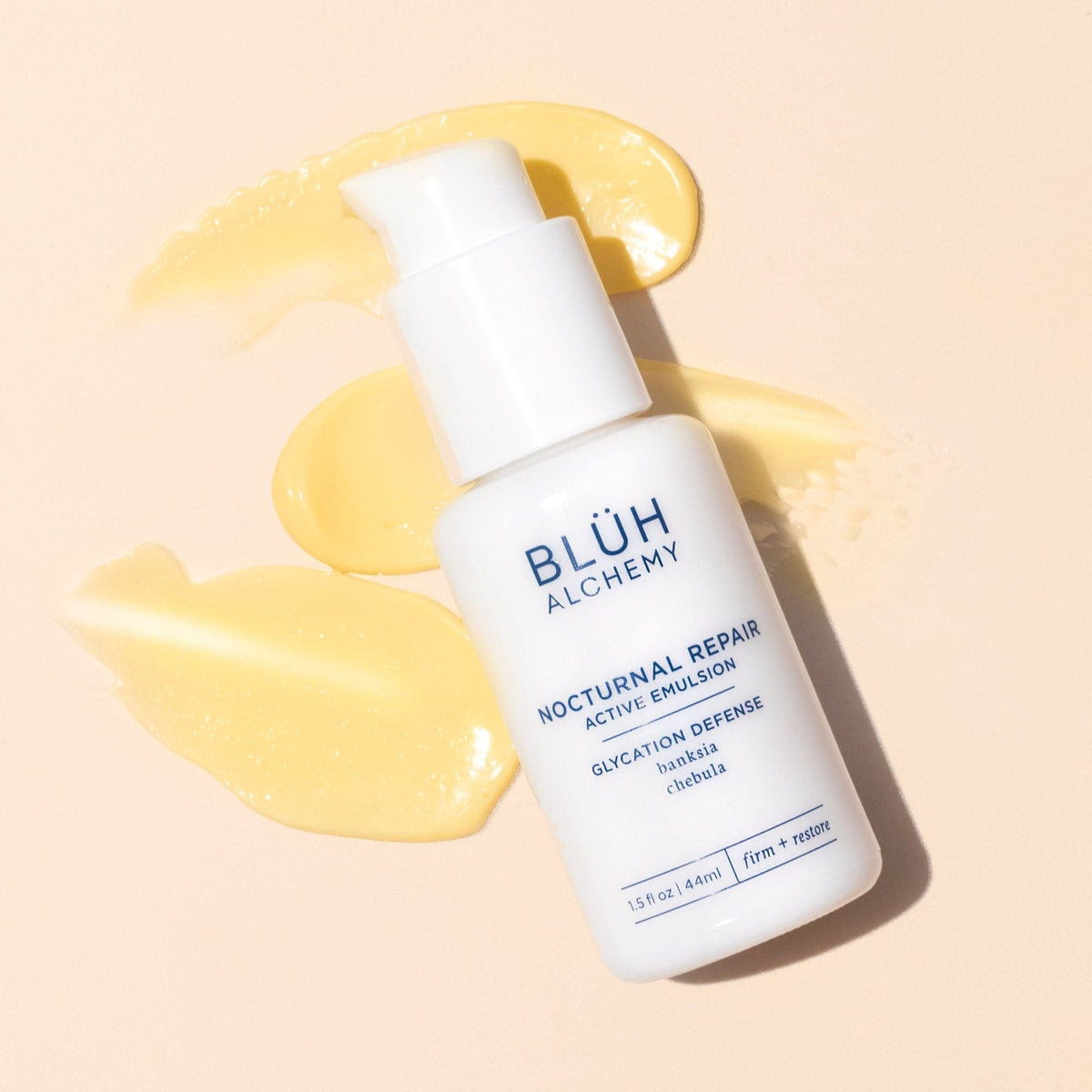 Blüh Alchemy | Nocturnal Repair Active | Styled Image with Swatch - displayed diagonally among pale yellow skincare texture swatches on a peach background