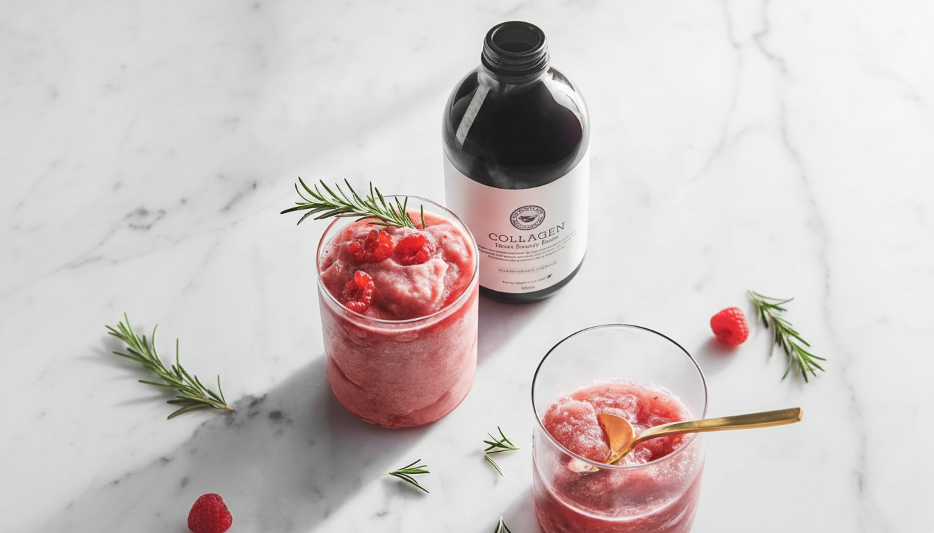 Two glasses of pink collagen tonic garnished with fresh raspberries and rosemary sprigs, styled on a marble surface with a dark “COLLAGEN”-labeled bottle in the background.