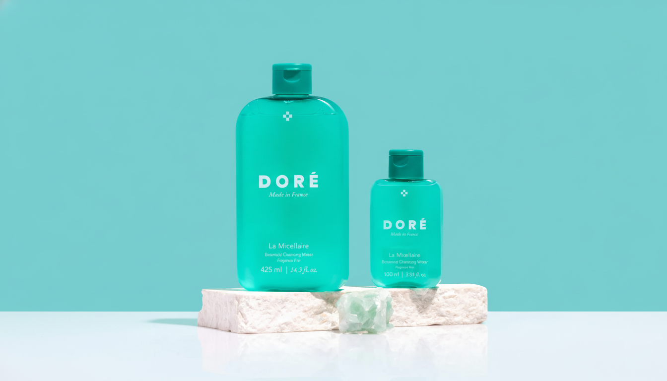 Two turquoise bottles of DORÉ Micellar Cleansing Water on white blocks with a crystal nearby—highlighting glycerin’s gentle, hydrating power for all skin types.