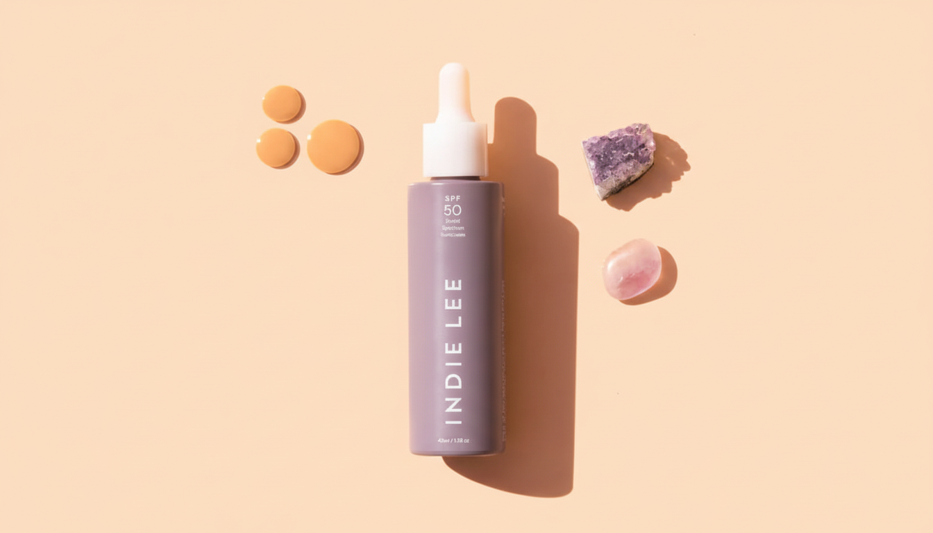 Indie Lee SPF 50 sunscreen with niacinamide, shown with product drops and natural stones on a peach background.