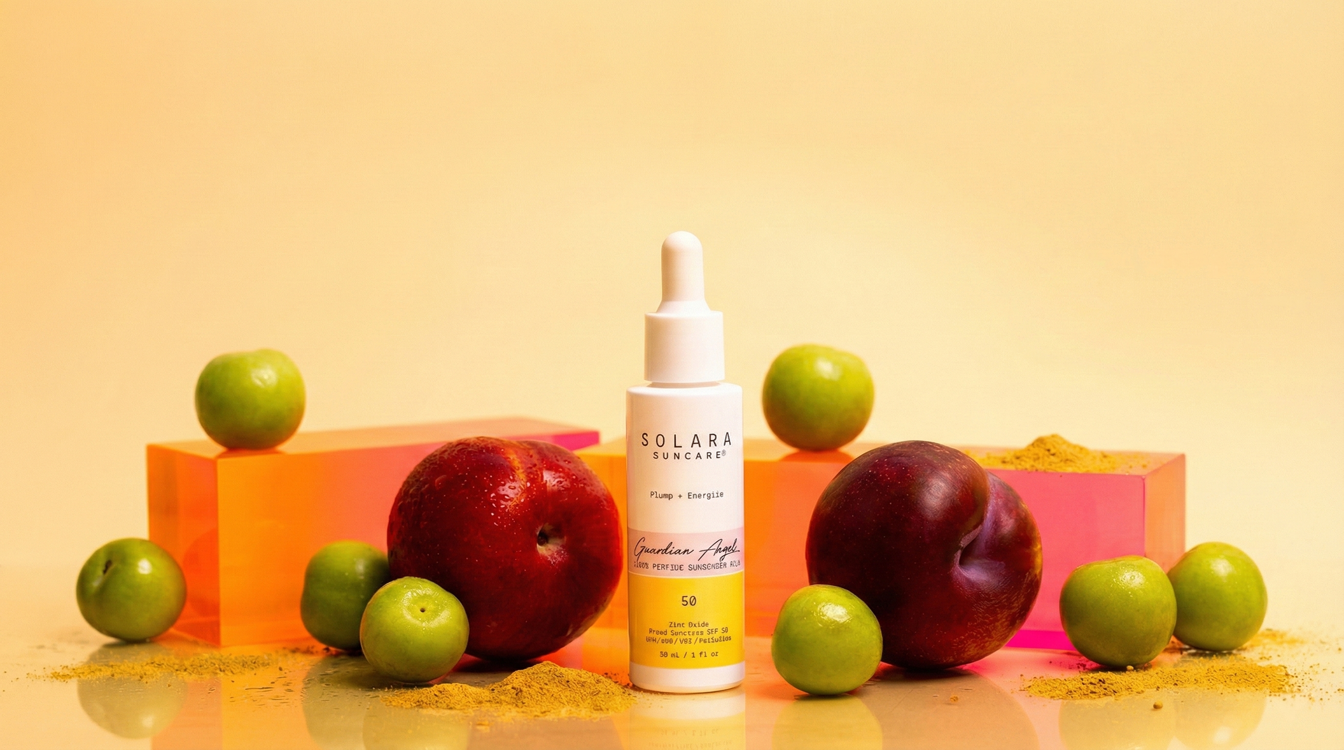 Skincare product featuring vitamin E and zinc oxide, displayed with fruits and vibrant geometric accents