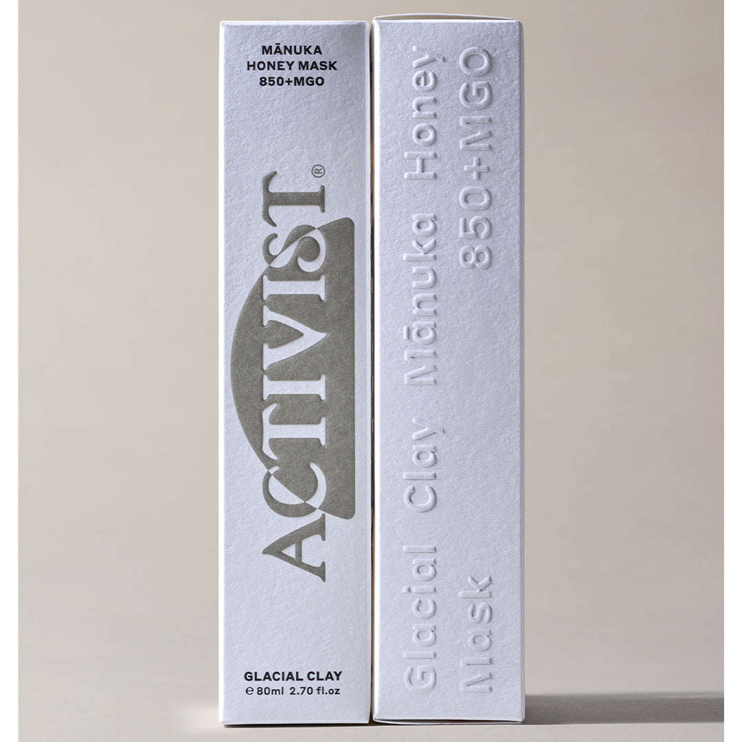 ACTIVIST Mānuka | Honey Glacial Clay Mask | Packaging Image - white box  packaging on a light beige background