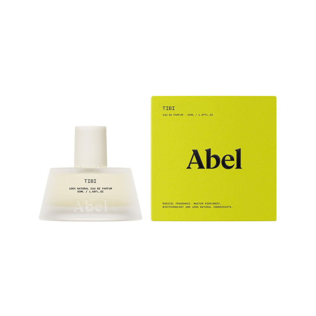 Abel | Tibi 50 ml | Packaging Image - frosted bottle and bright yellow-green box on a white background
