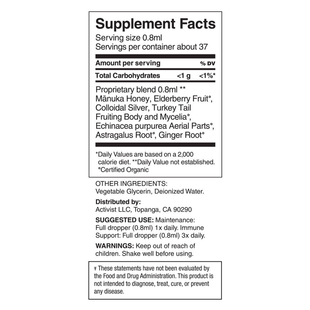 Activist Mānuka | Immune Elixir | Supplement Facts Image - supplement facts label displaying serving size, nutritional information, ingredients, suggested use, and warnings on a white background